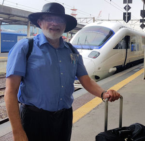 LJK in Nagasaki, Japan, with JR Kyushu 'Sonic' electric train (not a 'bullet' train)